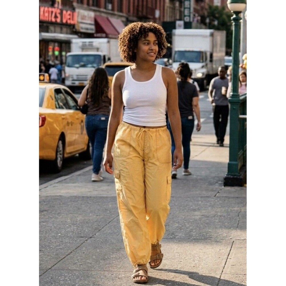 VTG Catalina Cargo Raver Pants Yellow Y2K Drawstring Baggy Goth Grunge Preppy L
